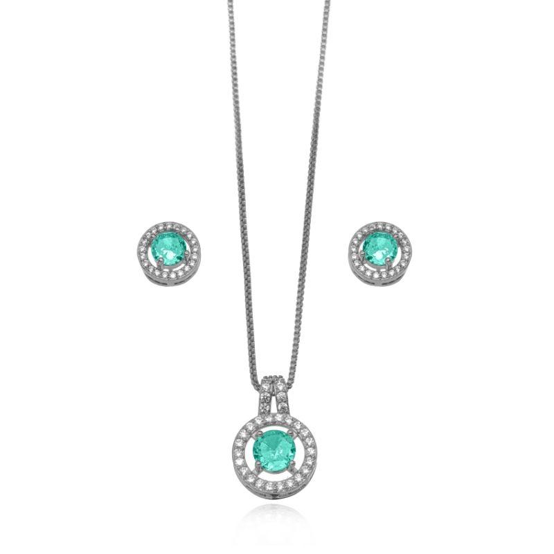 CONJUNTO REDONDO MICRO ZIRCÔNIA TURMALINA EM BANHO DE OURO 18K