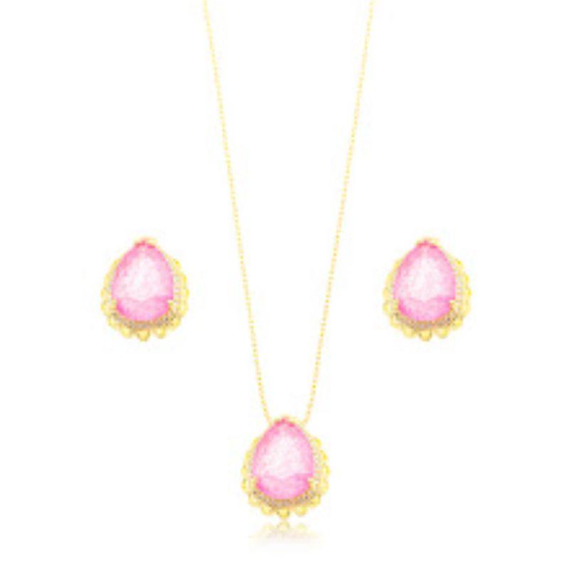 CONJUNTO GOTA CRAVEJADO ROSA EM BANHO DE OURO 18K