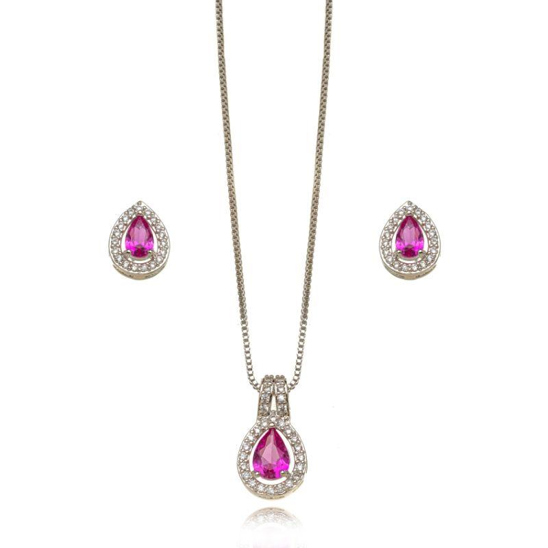 CONJUNTO GOTA MICRO ZIRCÔNIA PINK EM BANHO DE RÓDIO BRANCO