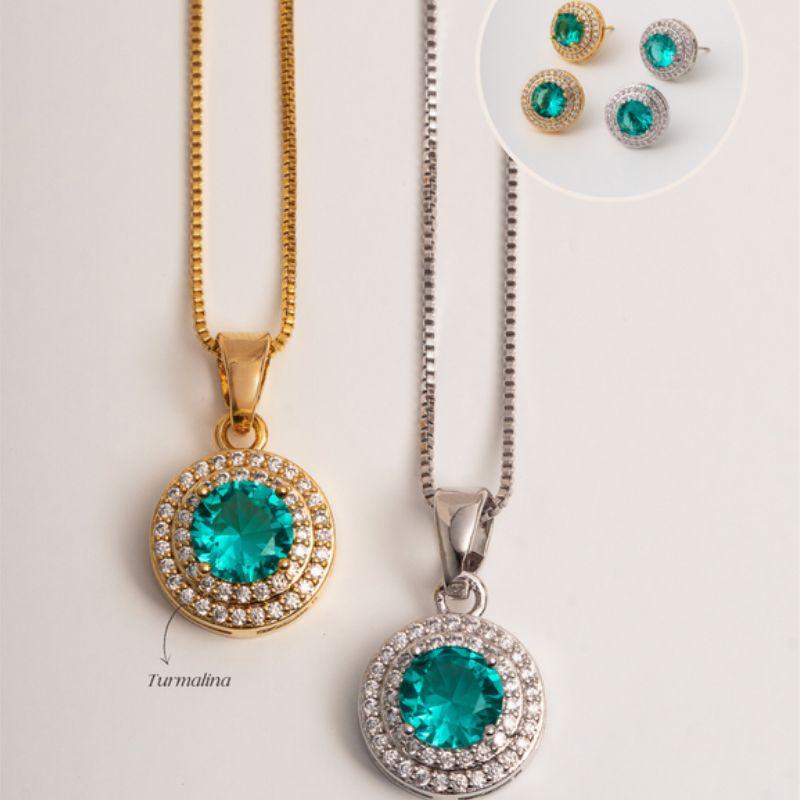 CONJUNTO REDONDO MICRO ZIRCÔNIA TURMALINA EM BANHO DE OURO 18K