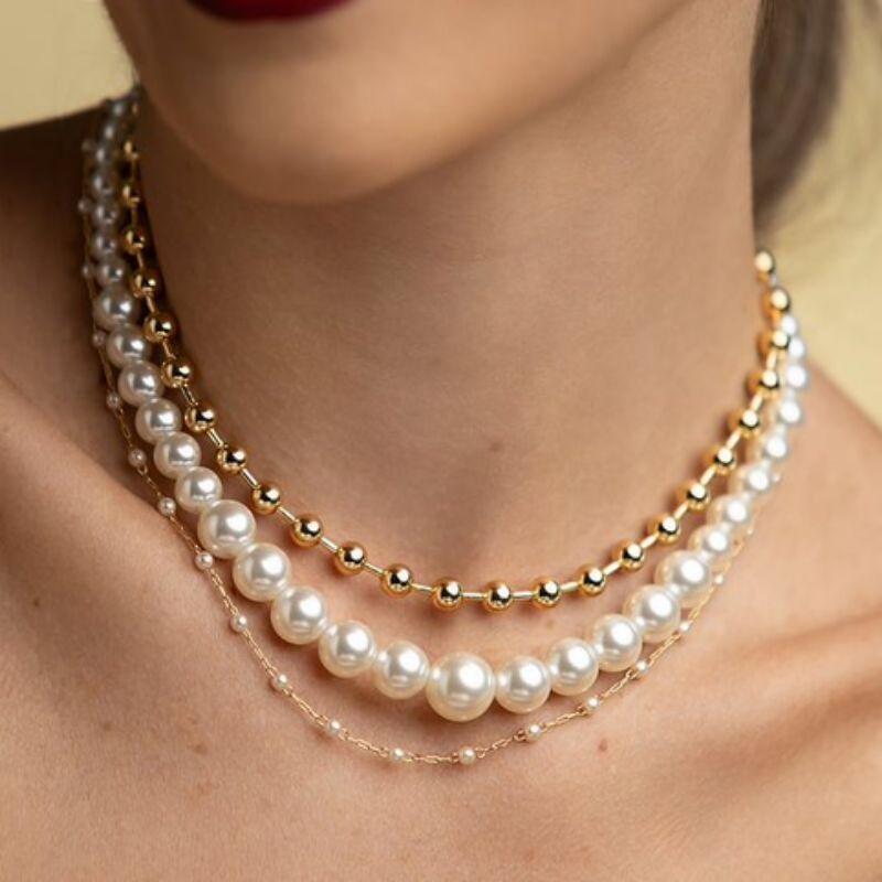 COLAR CHOKER  CANUTILHOS E ESFERAS LISA EM BANHO DE OURO 18K