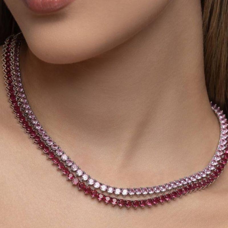 COLAR CHOKER RIVIERA 3 GARRAS TRAMA RIGIDA COM ZIRCÔNIA PINK EM BANHO DE RÓDIO BRANCO