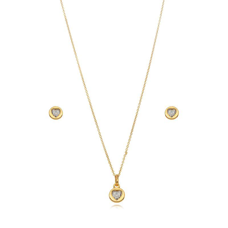 CONJUNTO CORAÇÃO CRISTAL EM BANHO DE OURO 18K