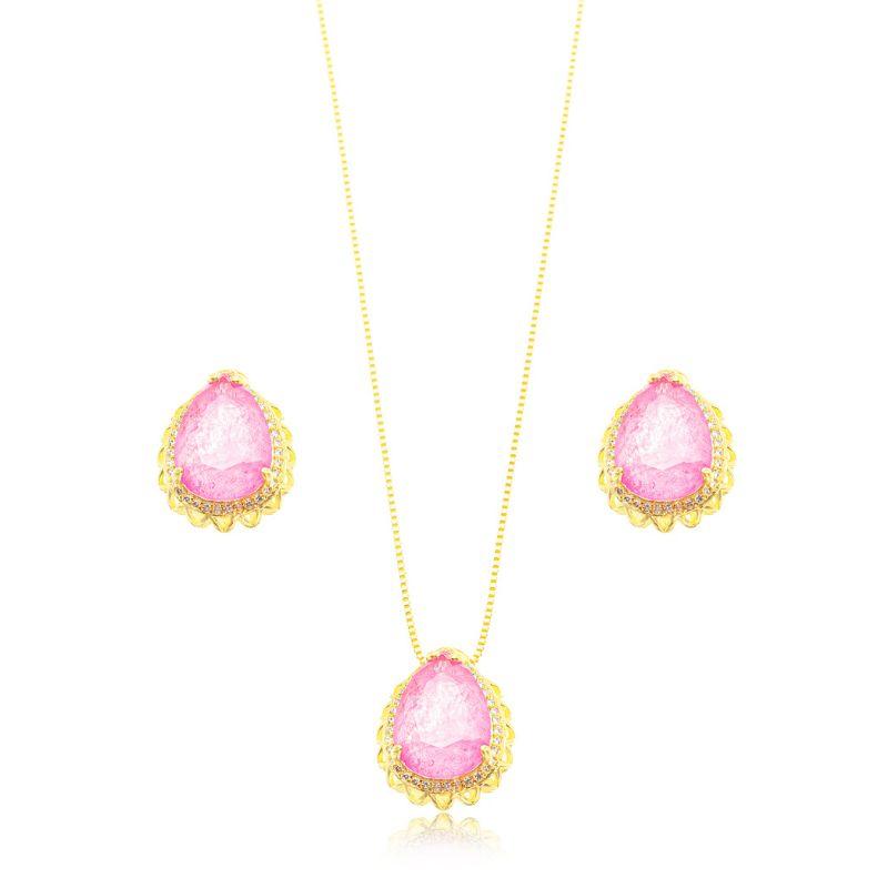 CONJUNTO GOTA CRAVEJADO ROSA EM BANHO DE OURO 18K