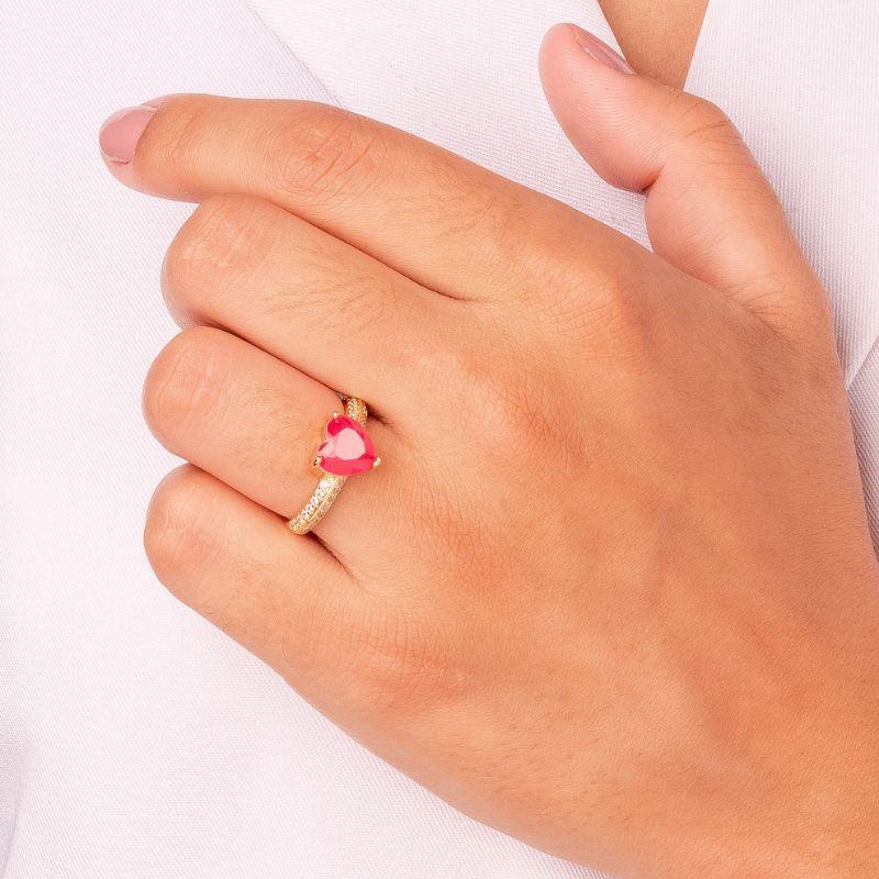 ANEL SOLITÁRIO CORAÇÃO ROSA VIBRANTE CRAVEJADO - BANHO DE OURO 18K