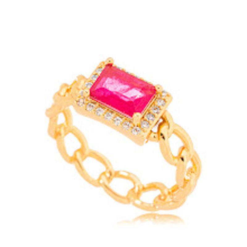 ANEL ELOS GROUMET COM CRISTAL RETANGULAR ROSA CRAVEJADO  EM BANHO DE OURO 18K