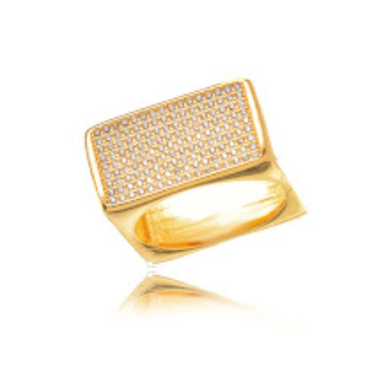 ANEL SIGNET MODERNO GEOMÉTRICO CRAVEJADO EM BANHO DE OURO 18K