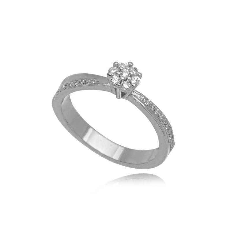 ANEL SOLITÁRIO CHUVEIRO COM ARO CRAVEJADO EM RÓDIO BRANCO