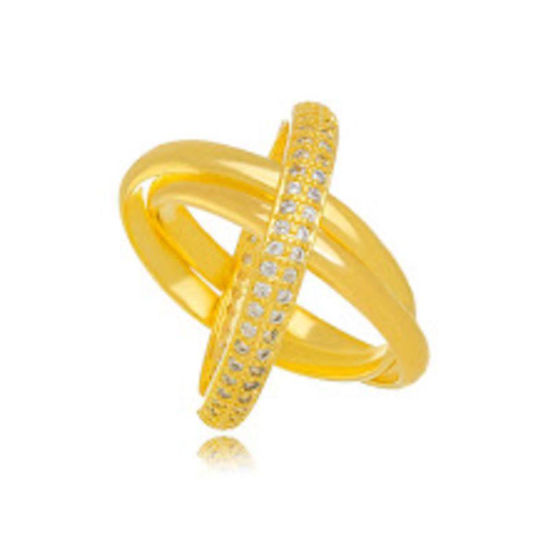 ANEL TRIO DE ELOS ENTRELAÇADOS COM FILETE CRAVEJADO - BANHO DE OURO 18K