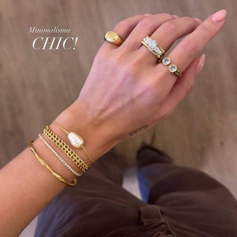 ANEL TRIPLO SOLITÁRIO EM BANHO DE OURO 18K E RÓDIO BRANCO