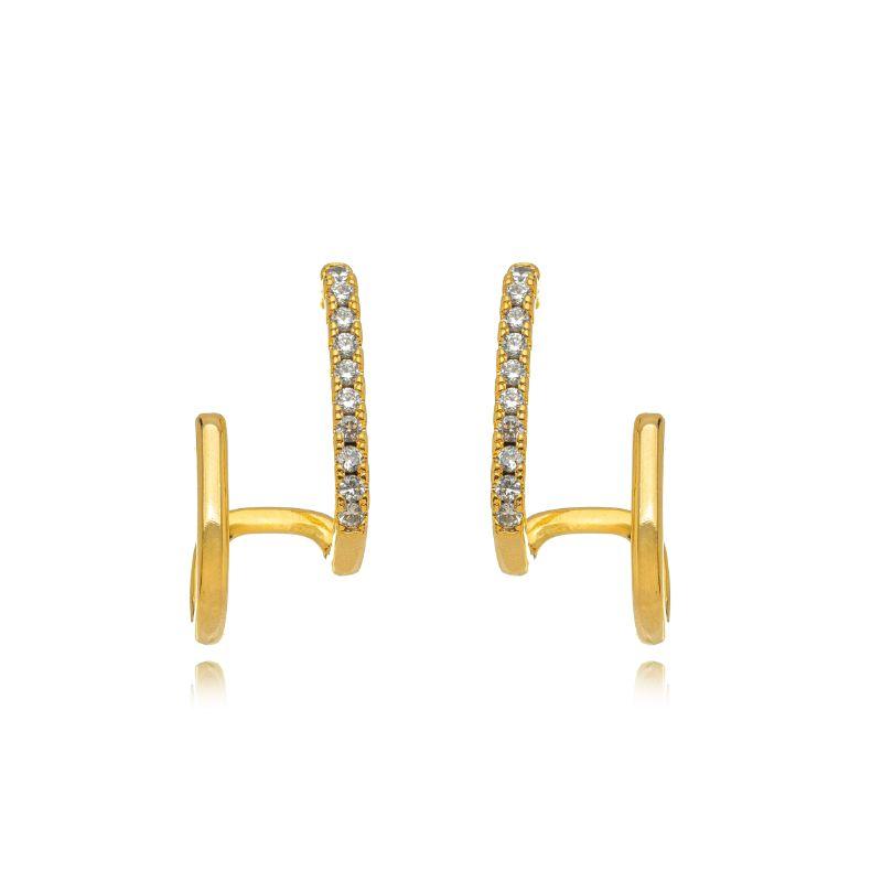BRINCO EAR HOOK DUPLO LISO E CRAVEJADO - BANHO DE OURO 18K