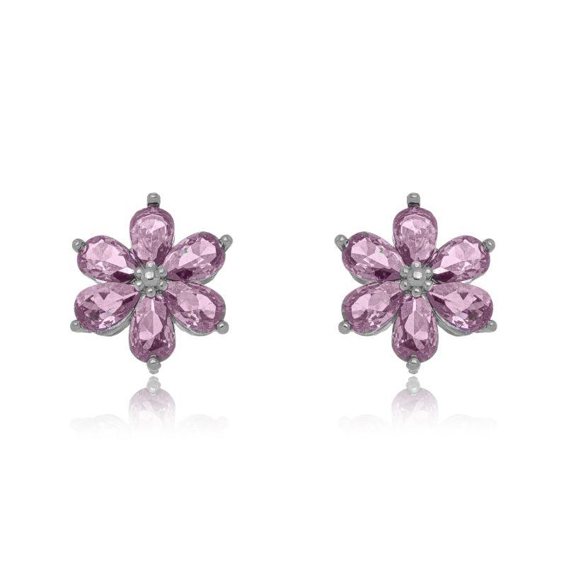 BRINCO FLOR CRISTAIS ROSA EM RÓDIO BRANCO