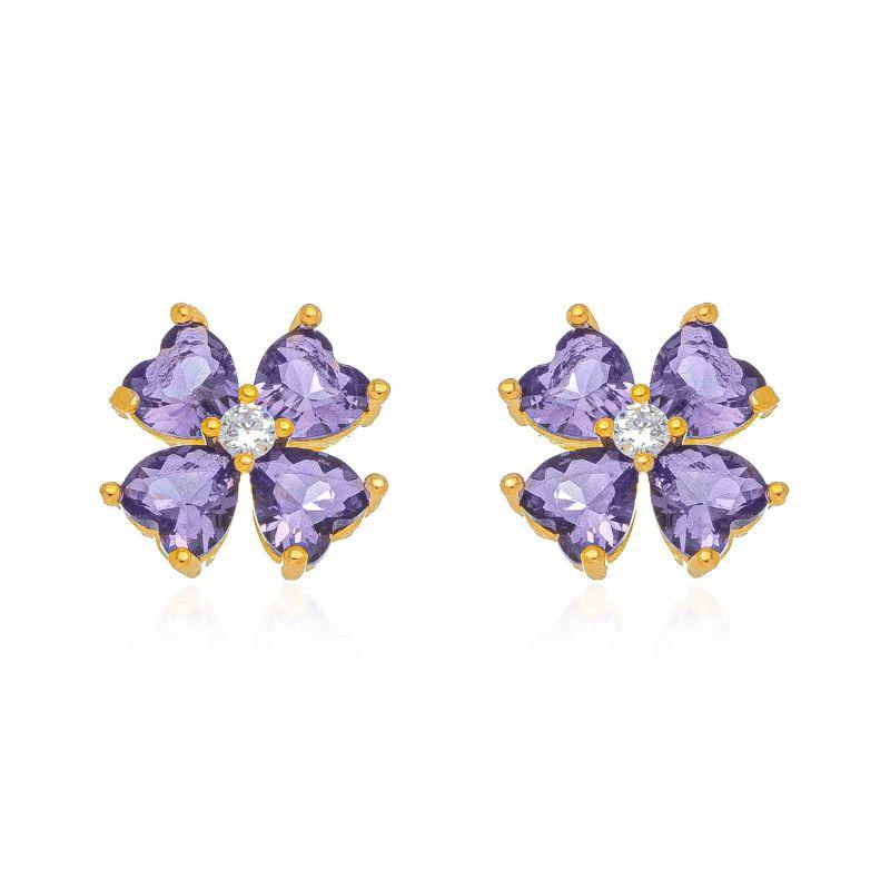 BRINCO TREVO DE CORAÇÕES COM ZIRCÔNIAS ROXAS -  BANHO DE OURO 18K