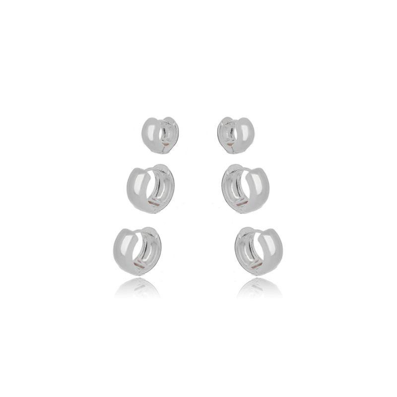 TRIO DE ARGOLAS ABAULADAS LISAS  BANHO DE RÓDIO BRANCO