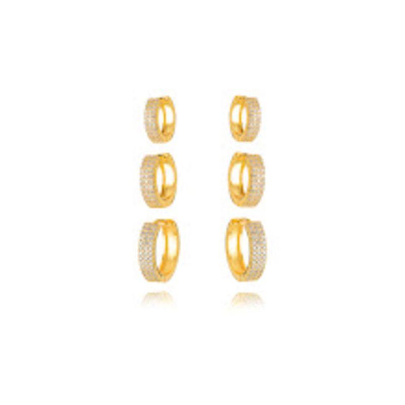 BRINCO TRIO DE ARGOLAS ABAULADAS CRAVEJADAS - BANHO DE OURO 18K