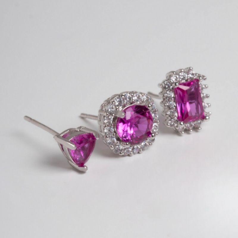 BRINCOS TRIOS GEOMÉTRICOS ZIRCÔNIA ROSA  BANHO DE RÓDIO BRANCO