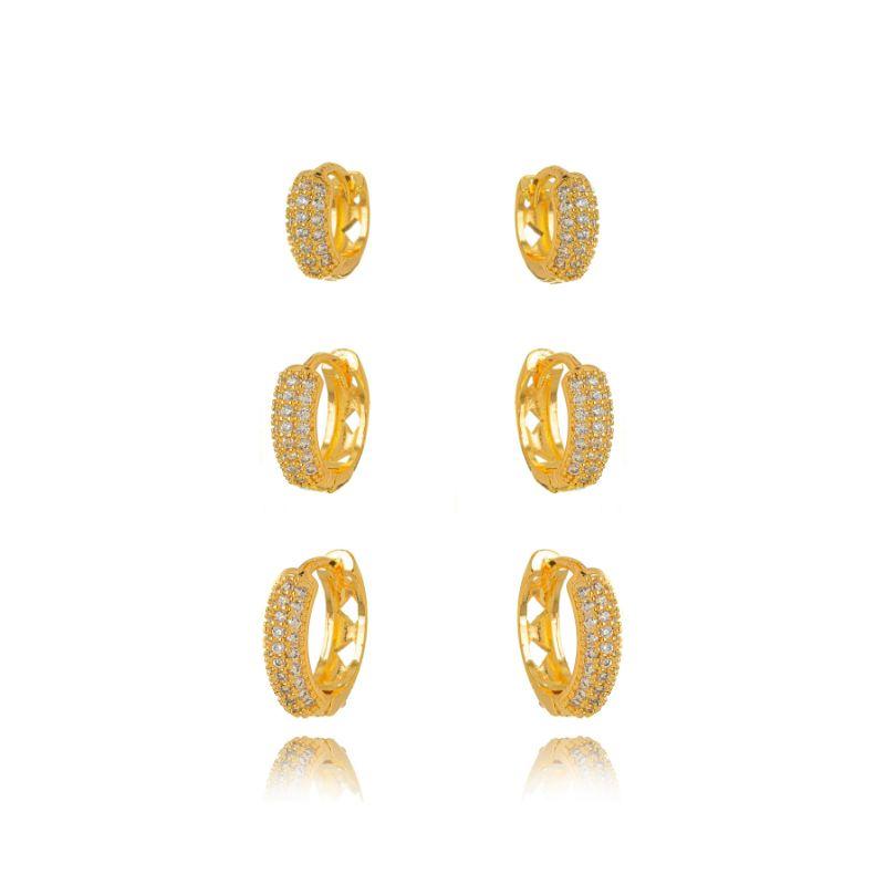 BRINCO TRIO DE ARGOLAS CRAVEJADAS TRÊS FILEIRAS  BANHO DE OURO 18K