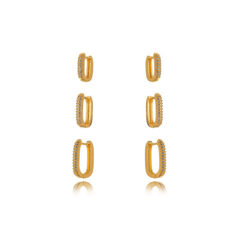 BRINCO TRIO DE ARGOLAS RETANGULARES CRAVEJADAS  BANHO DE OURO 18K