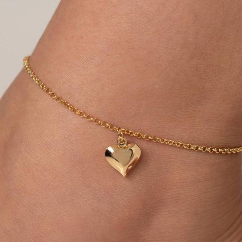 TORNOZELEIRA ELO PORTUGUÊS COM PINGENTE CORAÇÃO ABAULADO -  BANHO OURO 18K