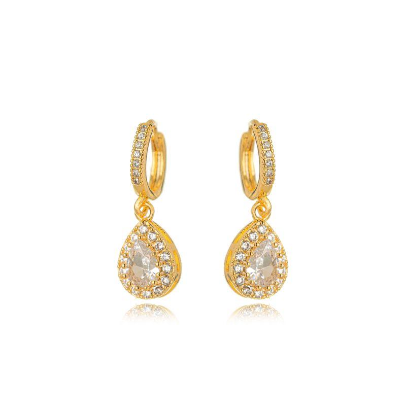 BRINCO ARGOLA CLICK COM PINGENTE GOTA CRAVEJADA BANHO OURO 18K