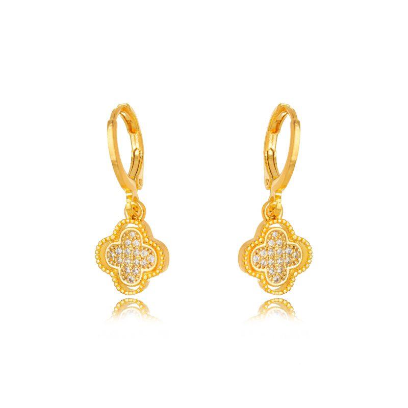 BRINCO ARGOLA CLICK COM PINGENTE TREVO CRAVEJADO EM OURO 18K