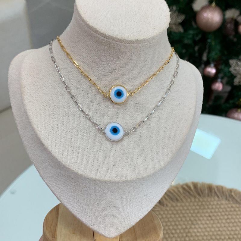 COLAR CHOKER CORRENTE CARTIER PINGENTE OLHO GREGO BANHO RÓDIO BRANCO