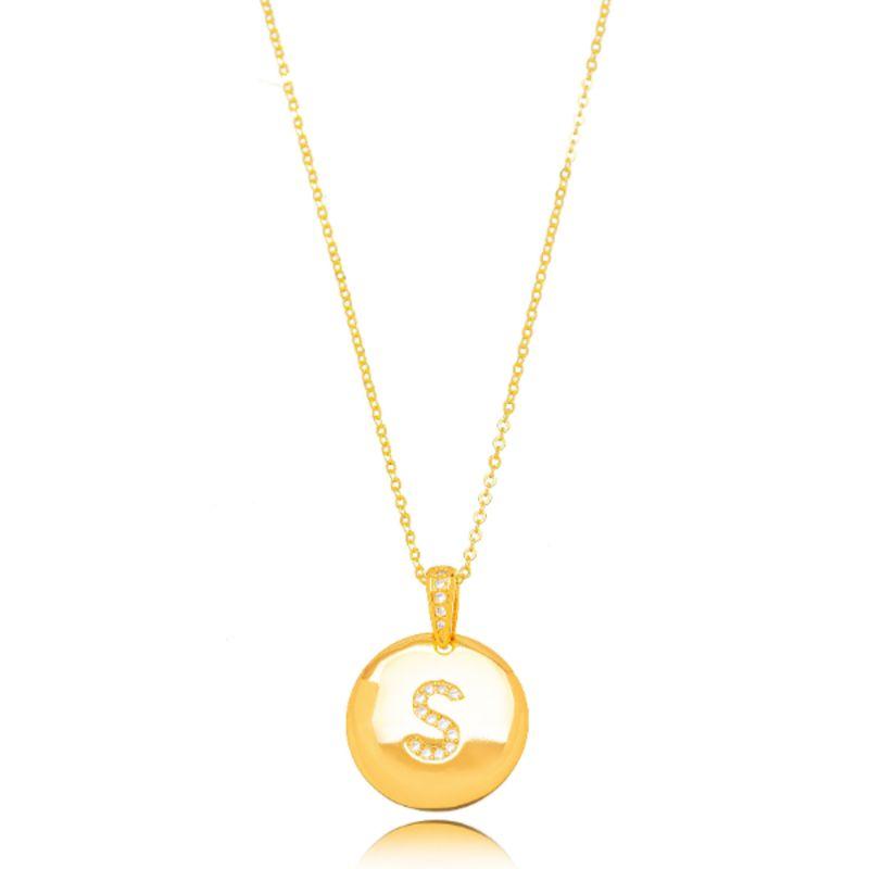 COLAR MEDALHA LETRA S EM BANHO DE OURO 18K