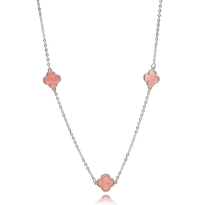 COLAR TREVO TRIPLO ROSA - BANHO DE RÓDIO BRANCO