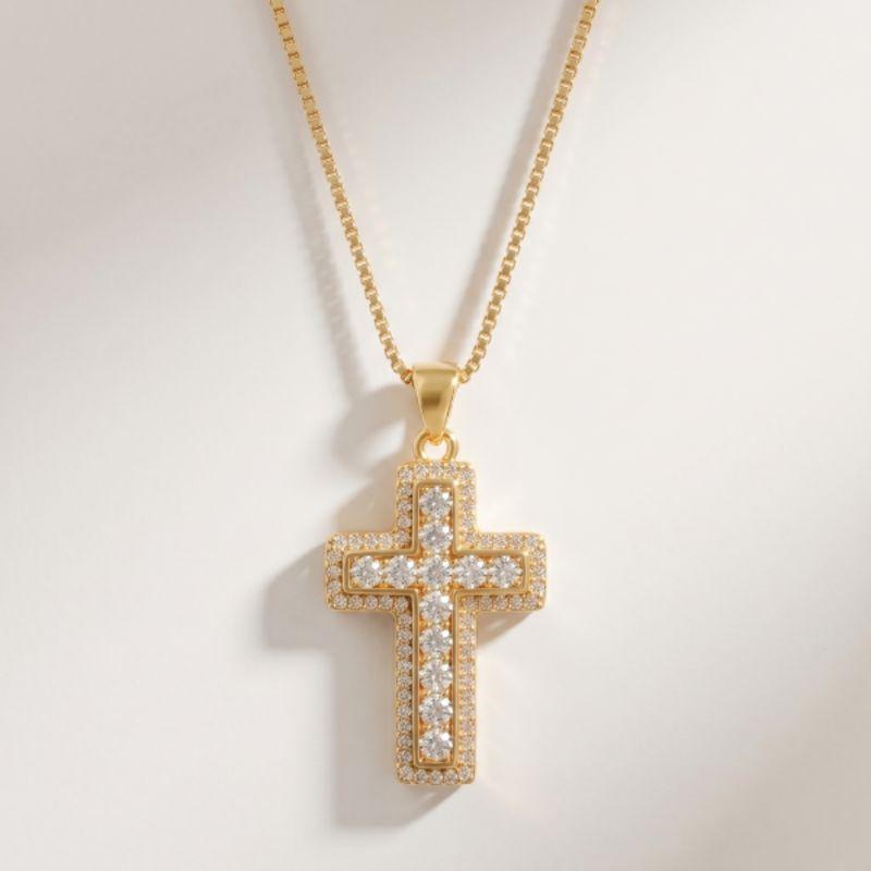 COLAR VENEZIANA COM CRUZ CRAVEJADA EM ZIRCÔNIAS EM BANHO DE OURO 18K