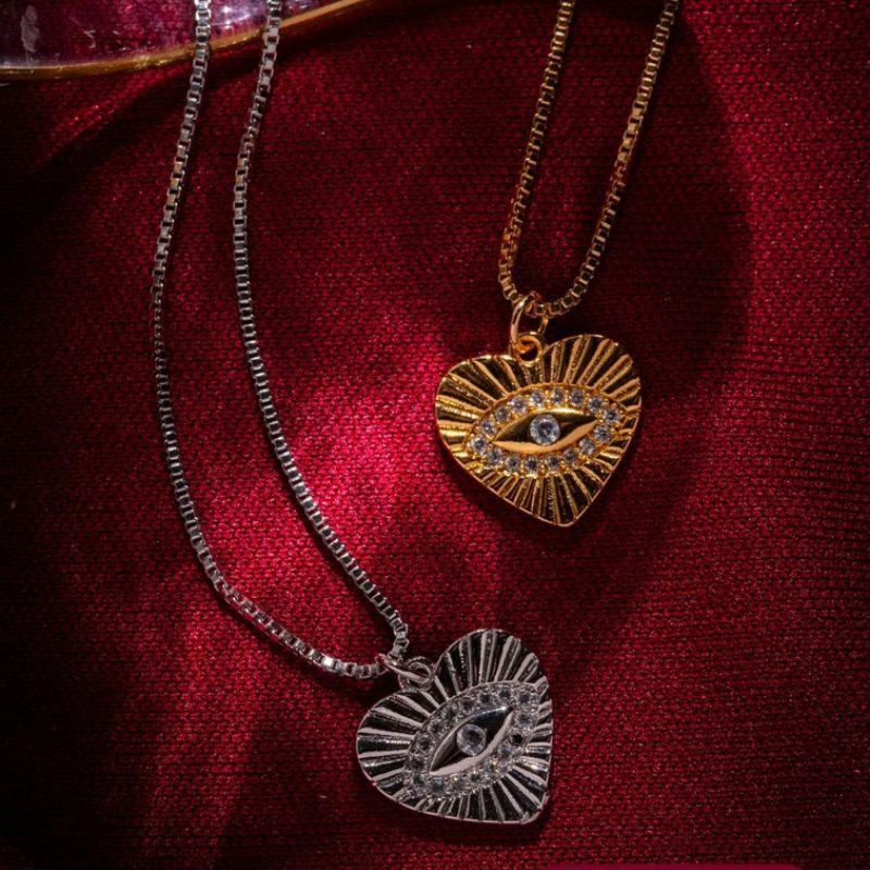 COLAR VENEZIANA COM PINGENTE CORAÇÃO OLHO GREGO - BANHO DE RÓDIO BRANCO