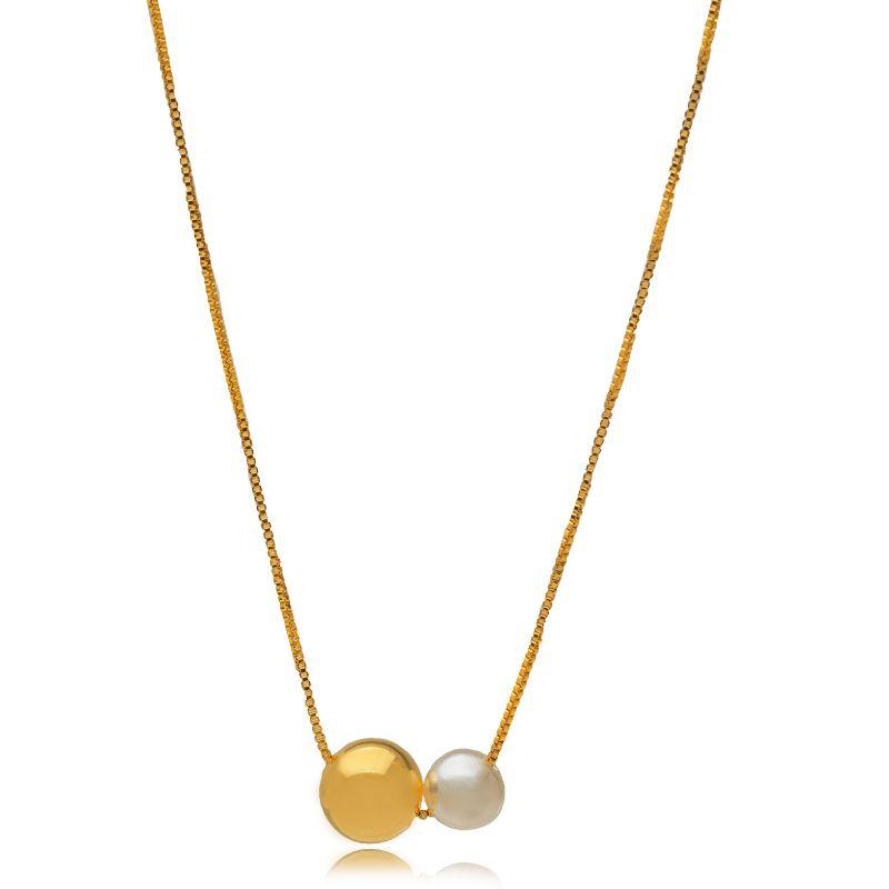 COLAR VENEZIANA COM PINGENTE DUO BOLA LISA E PÉROLA - BANHO DE OURO 18K