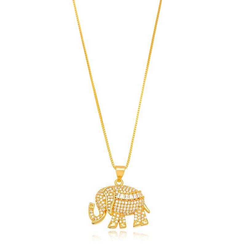 COLAR VENEZIANA COM PINGENTE ELEFANTE CRAVEJADO - BANHO DE OURO 18K