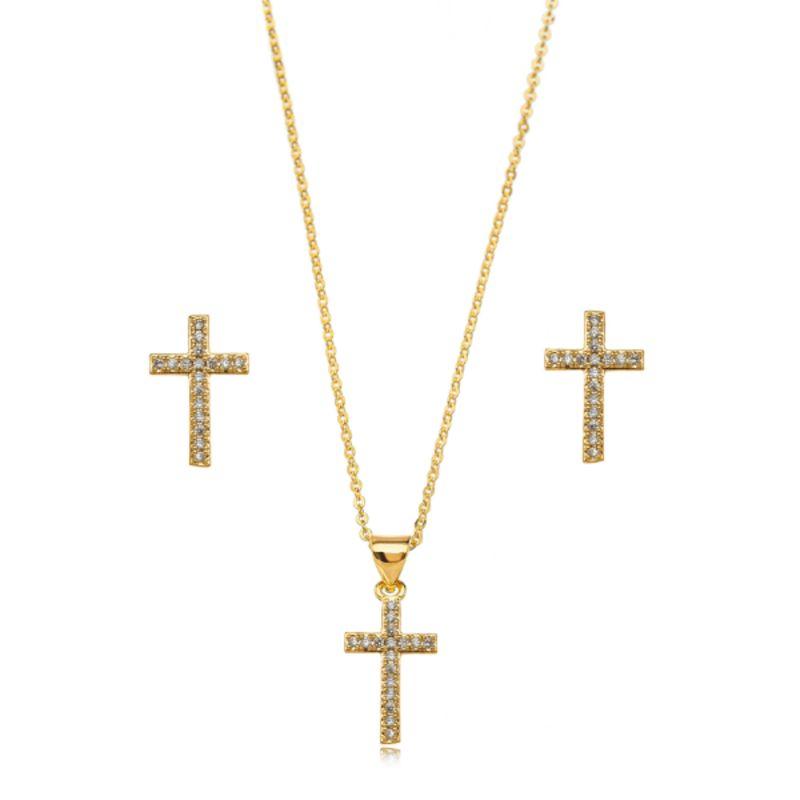 CONJUNTO COLAR E BRINCOS CRUZ CRAVEJADA BANHADO A OURO 18K
