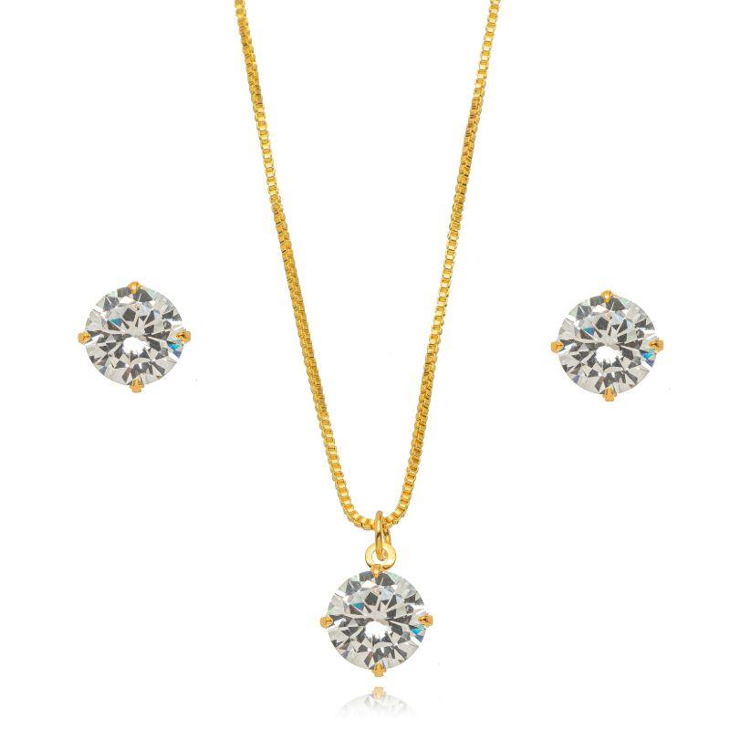 CONJUNTO COLAR E BRINCOS PONTO DE LUZ CRISTAL EM BANHO DE OURO 18K