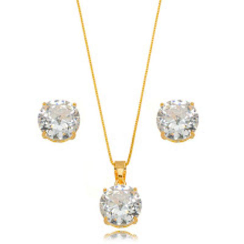 CONJUNTO COLAR E BRINCOS PONTO DE LUZ CRISTAL EM BANHO DE OURO 18K