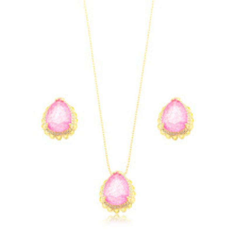 CONJUNTO COLAR E BRINCOS GOTA FUSION ROSA EM BANHO DE OURO 18K