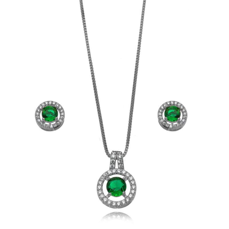 CONJUNTO COLAR E BRINCOS HALO ESMERALDA EM BANHO DE RÓDIO BRANCO