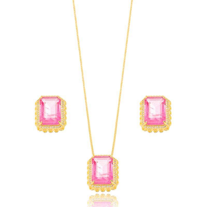 CONJUNTO RETANGULAR CRISTAL ROSA VIBRANTE E MICROZIRCÔNIAS BANHO OURO 18K