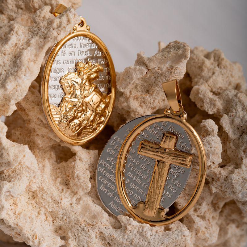 PINGENTE MEDALHA SÃO JORGE E PAI NOSSO EM BANHO DE OURO 18K E RÓDIO BRANCO