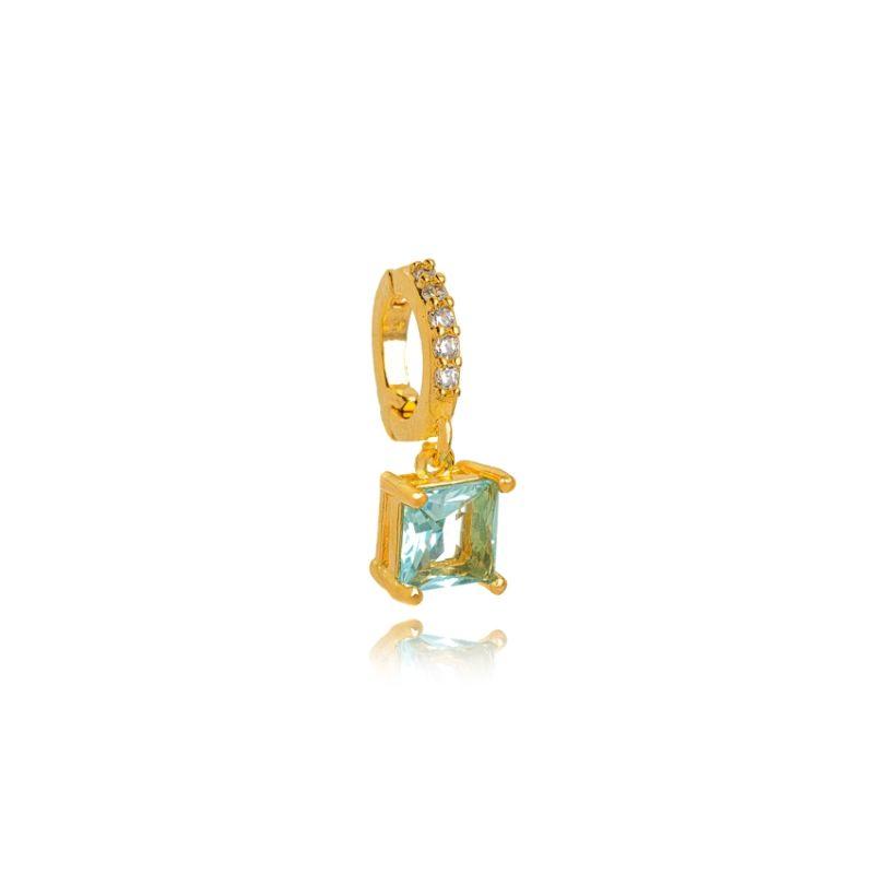 PINGENTE QUADRADO CRISTAL ACQUA MARINHA COM ARGOLA CRAVEJADA BANHO DE OURO 18K