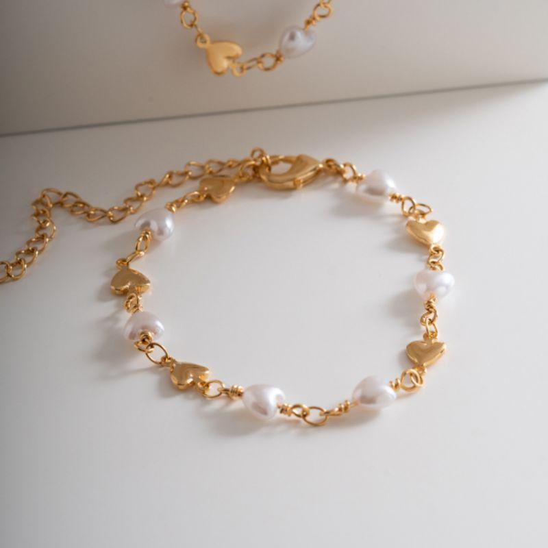 PULSEIRA ELO PORTUGUÊS CORAÇÕES E PÉROLAS - BANHO DE OURO 18K