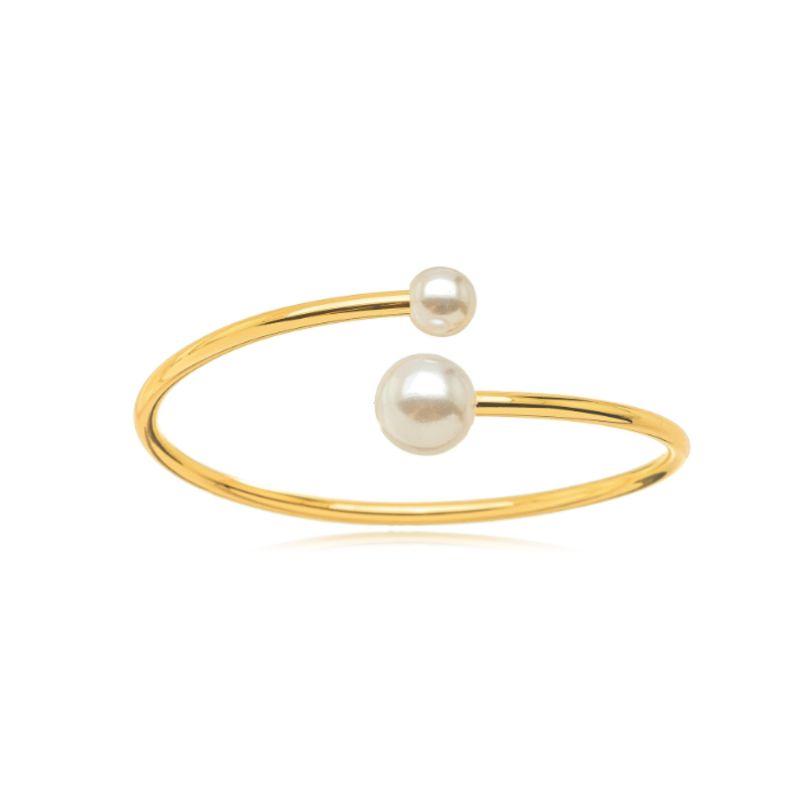 PULSEIRA BRACELETE RÍGIDO ABERTO DUAS PÉROLAS - BANHO DE OURO 18K