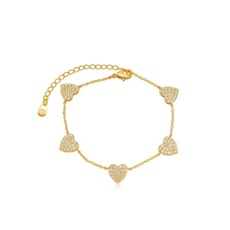 PULSEIRA ELO PORTUGUÊS CORAÇÕES CRAVEJADOS - BANHO DE OURO 18K