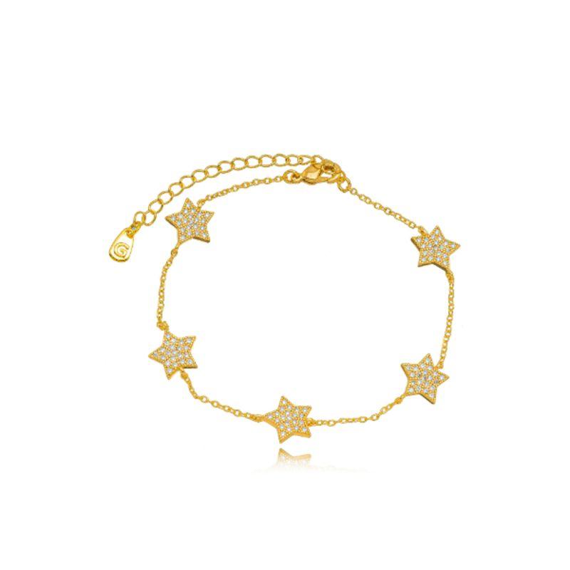 PULSEIRA ELO PORTUGUÊS ESTRELAS CRAVEJADAS - BANHO DE OURO 18K