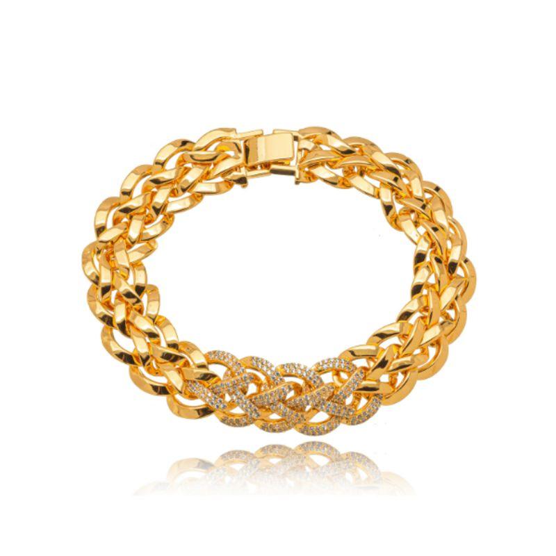 PULSEIRA ELO TRANÇADO CRAVEJADA - BANHO DE OURO 18K