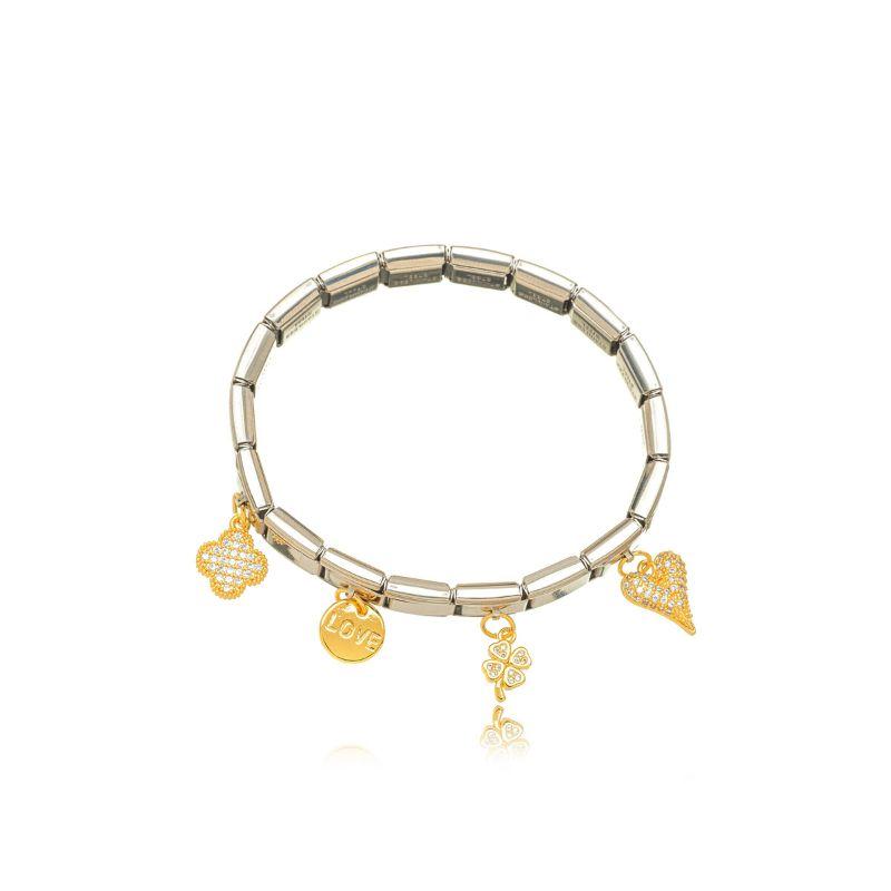 PULSEIRA INOX COM PINGENTES EM MICRO ZIRCONIA E BANHO DE OURO 18K