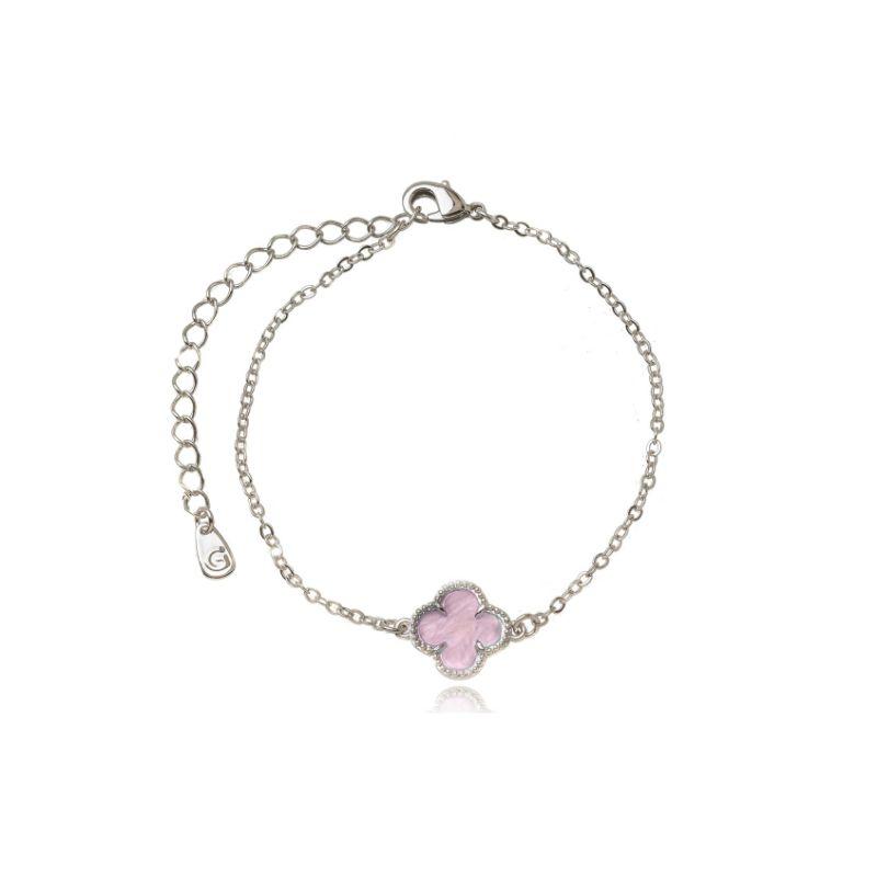 PULSEIRA TREVO MADREPÉROLA ROSA - BANHO EM RÓDIO BRANCO