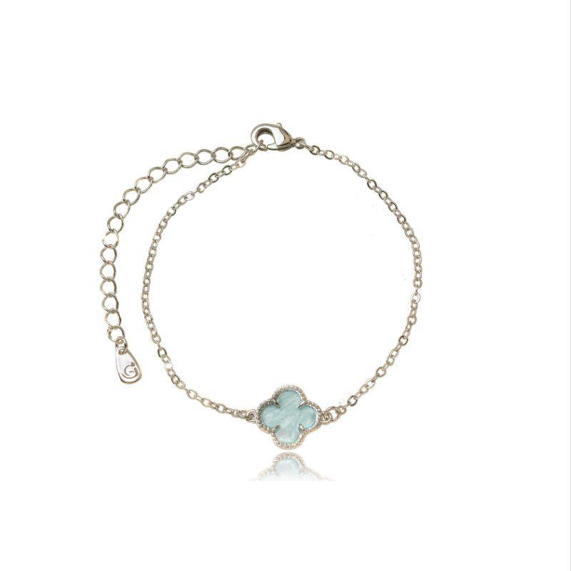 PULSEIRA TREVO MADREPÉROLA VERDE ÁGUA - BANHO EM RÓDIO BRANCO