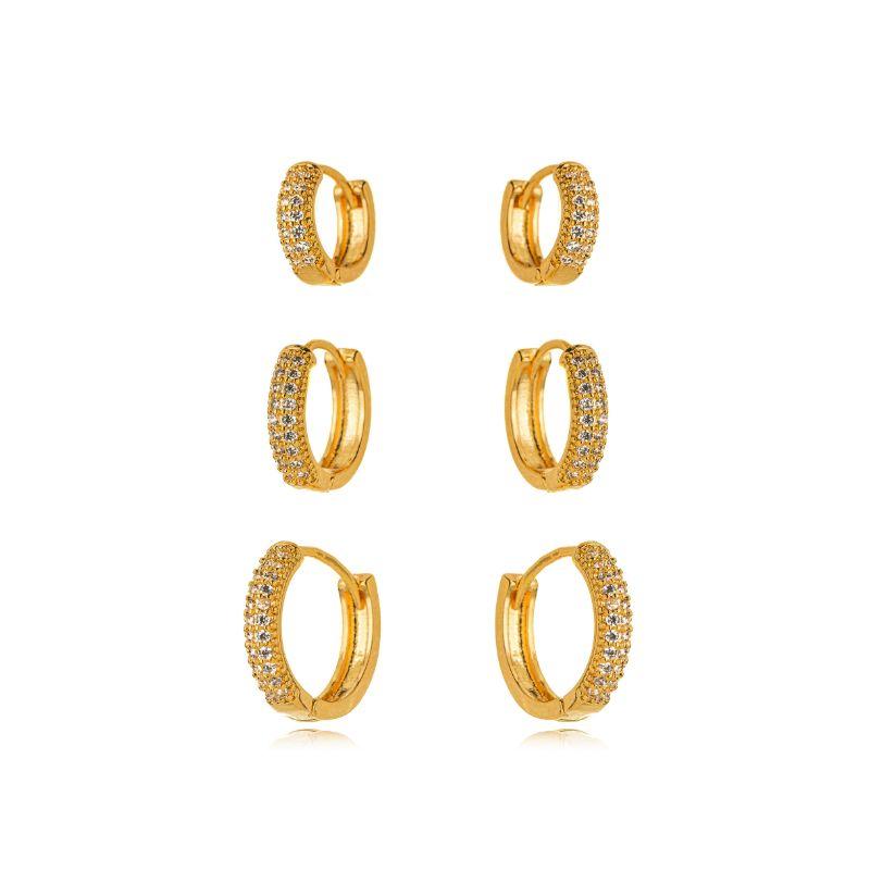 BRINCO TRIO DE ARGOLAS CLICK CRAVEJADAS BANHO OURO 18K