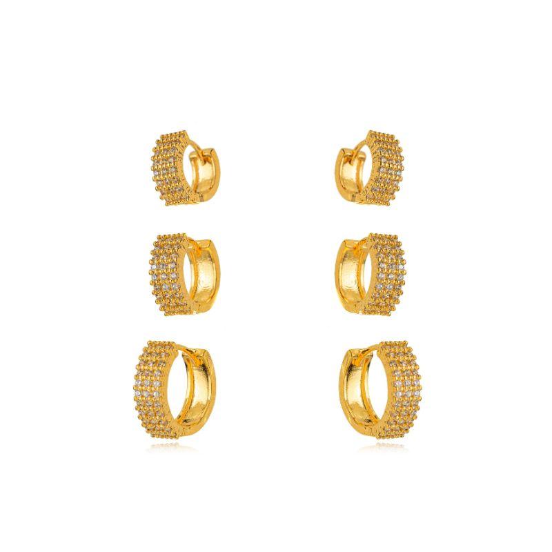 BRINCO TRIO DE ARGOLAS CLICK PAVÊ EM BANHO DE OURO 18K
